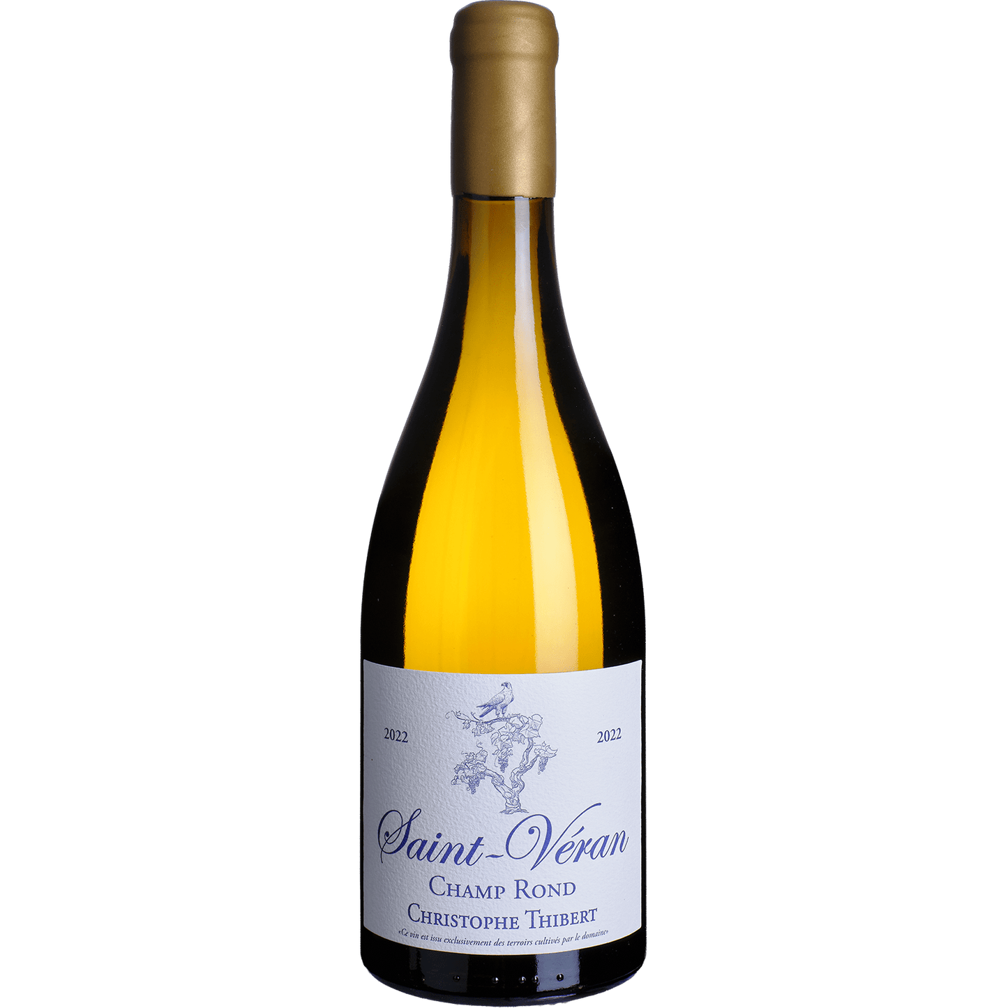 Christophe Thibert Saint-Véran Champ Rond 2019 white wine bottle with gold foil and bird illustration label