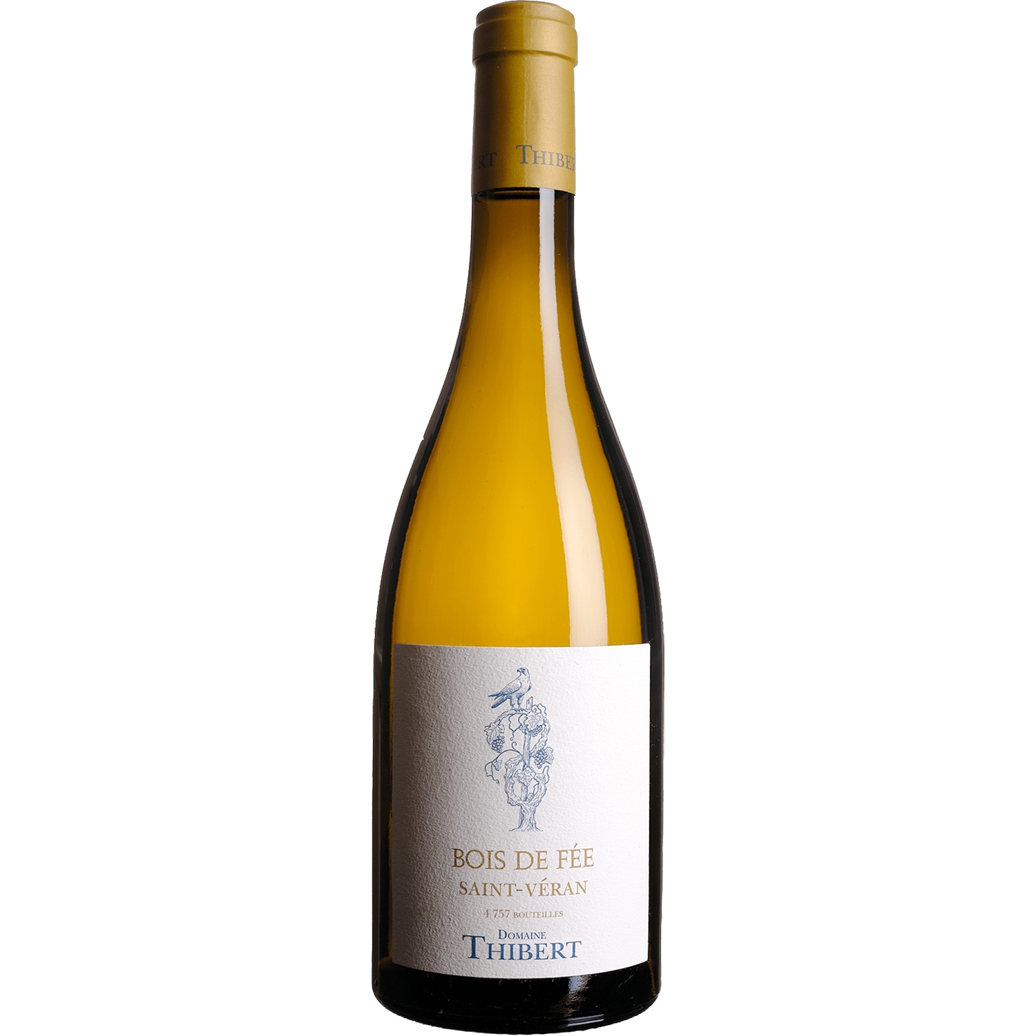 Saint-Véran Bois de Fée 2019 white wine bottle with gold foil and bird illustration label