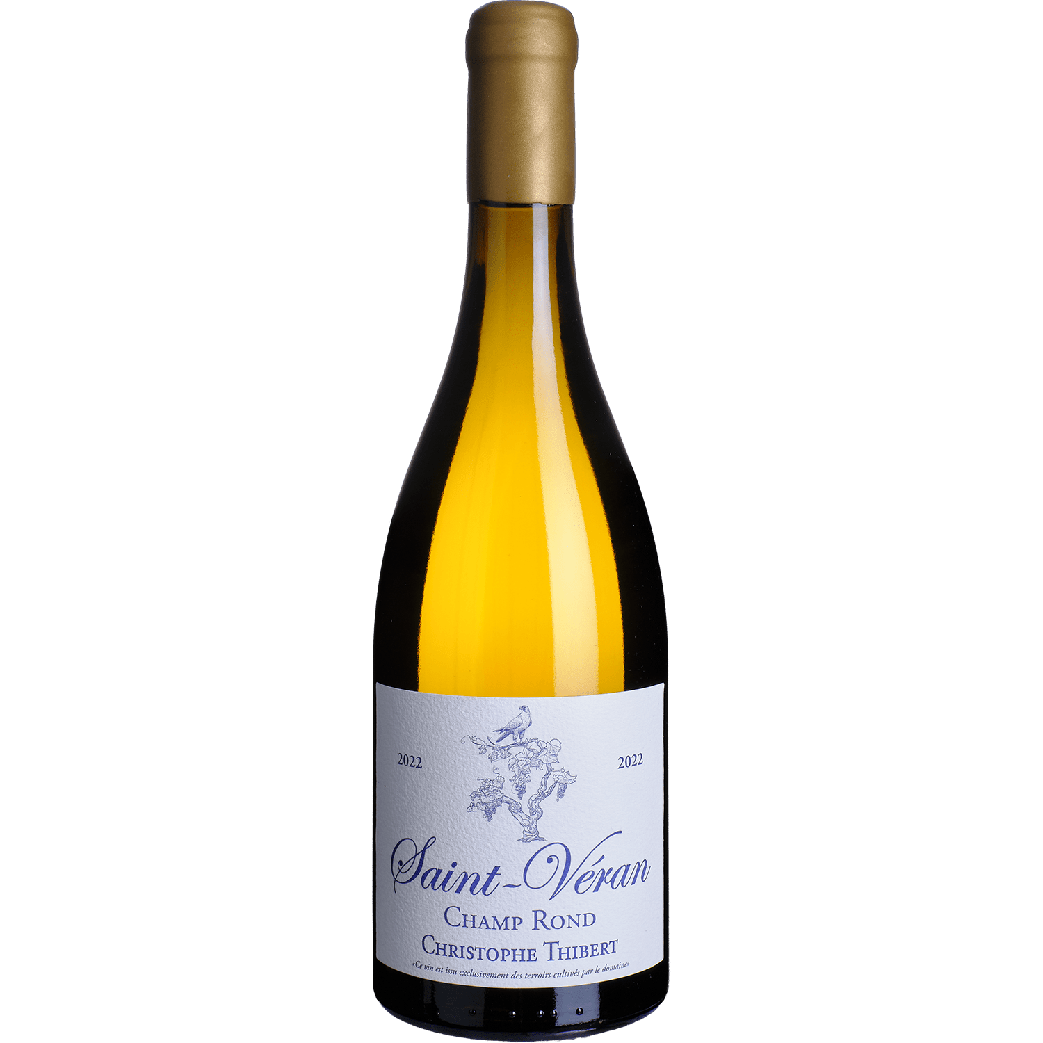 Christophe Thibert Saint-Véran Champ Rond 2019 white wine bottle with gold foil and bird illustration label